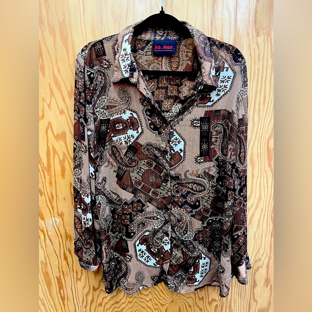 Sheer paisley top with gold shimmer thread lines